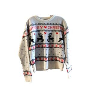Rouge! Red & Cream Merry Christmas Knit Pullover Cropped Sweater, M